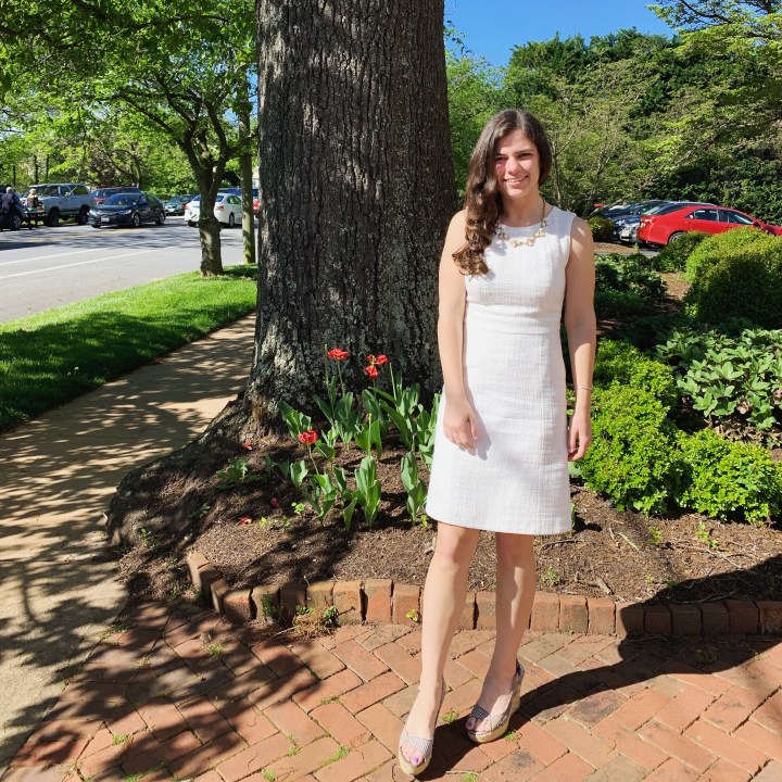 Easter outfit with white dress and gingham wedges